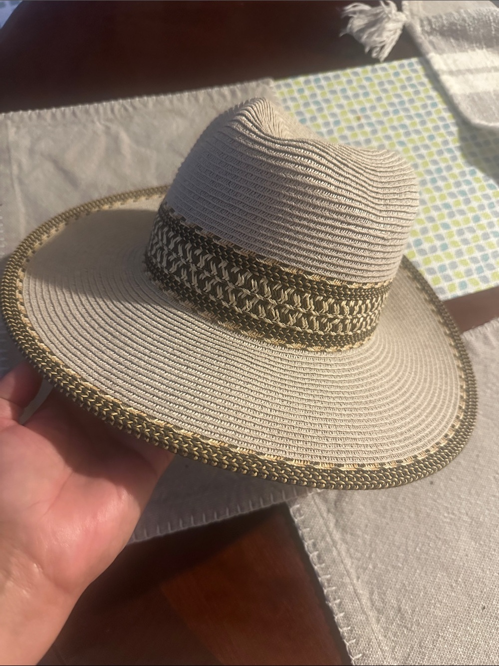 Neutral Straw Fedora Hat with Olive Trim